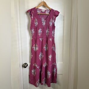 LOFT Pink Smocked Midi Sundress with Flutter Cap Sleeves